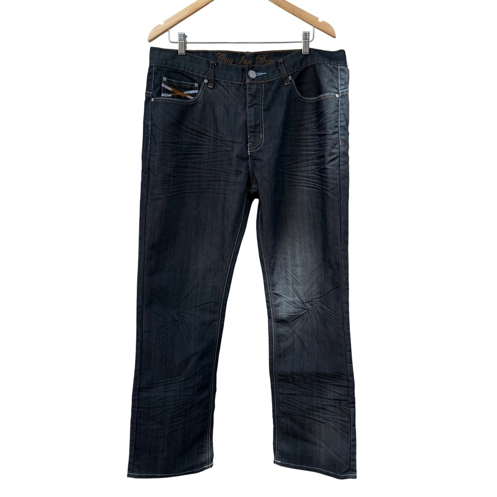 City Ink Mens 38 Straight‎ Leg Jeans Dark Wash Whiskered Cotton Y2K Denim Blue